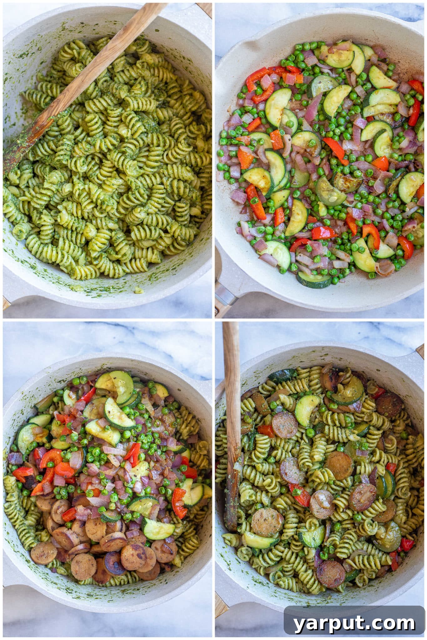 Crispy Sausage Pesto Pasta with Vibrant Vegetables 4 A vibrant close-up shot of pesto pasta being tossed with crispy plant-based sausage and a medley of colorful summer vegetables.