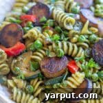 Crispy Plant-Based Sausage Pesto Pasta with Veggies