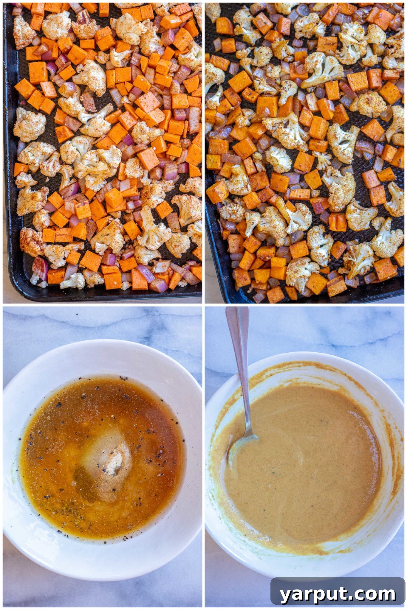 Golden Roasted Cauliflower & Sweet Potato Bowls with Creamy Curry Tahini 3 showing how to make roasted cauliflower and sweet potato, as well as the curry tahini sauce