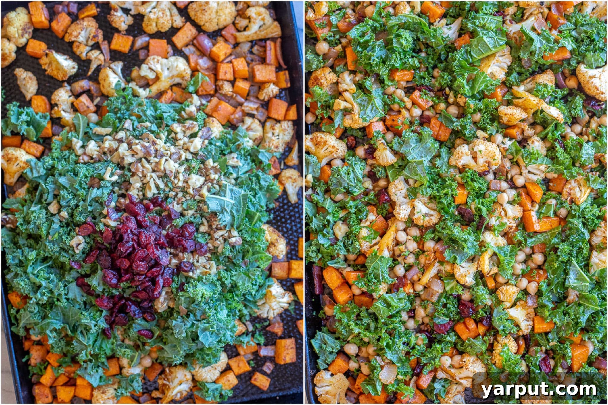 Golden Roasted Cauliflower & Sweet Potato Bowls with Creamy Curry Tahini 4 showing how to prepare a vegetarian sheet pan meal with kale, sweet potato and cauliflower