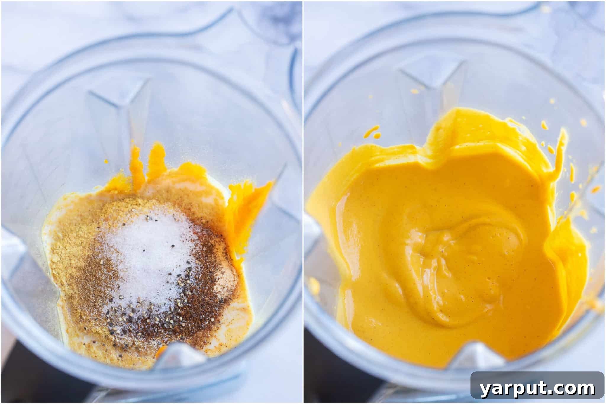 Creamy Plant Based Pumpkin Queso 4 showing the preparation process: all ingredients for vegan cheese dip being added into a high-powered blender
