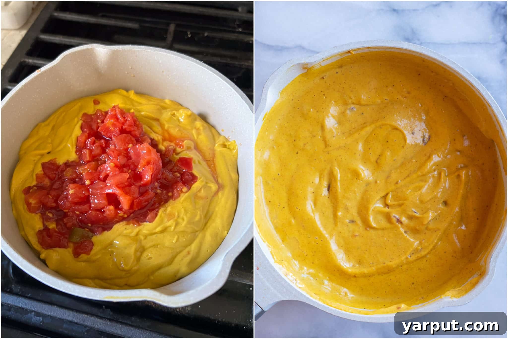 Creamy Plant Based Pumpkin Queso 5 vegan queso dip made with rotel, gently heating up in a saucepan on the stove