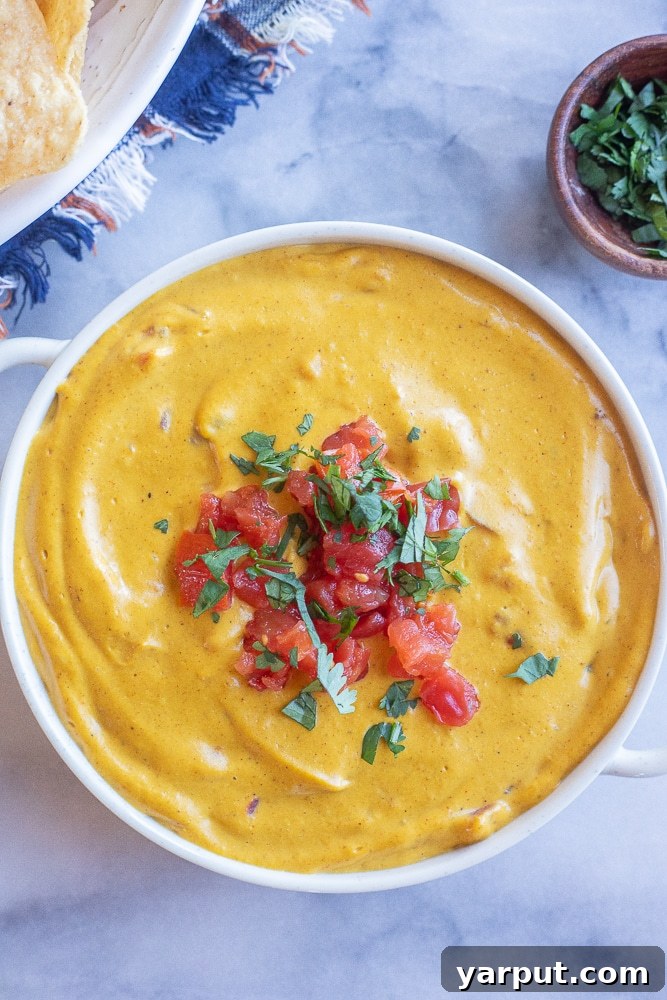 Creamy Plant Based Pumpkin Queso 6 a big bowl of vibrant pumpkin queso dip garnished with fresh tomatoes and cilantro on top