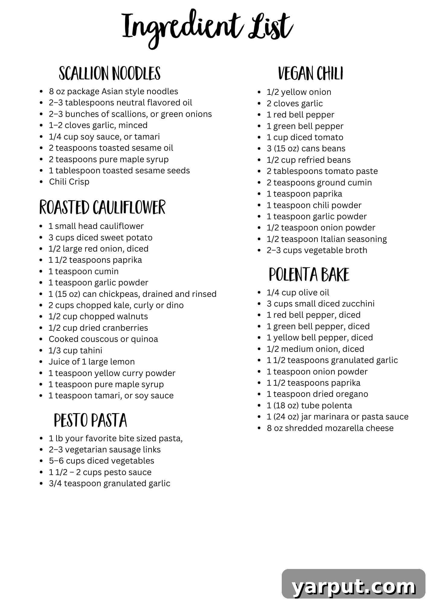 A printable ingredient list for the weekly vegetarian meal plan, with checkboxes and categories.