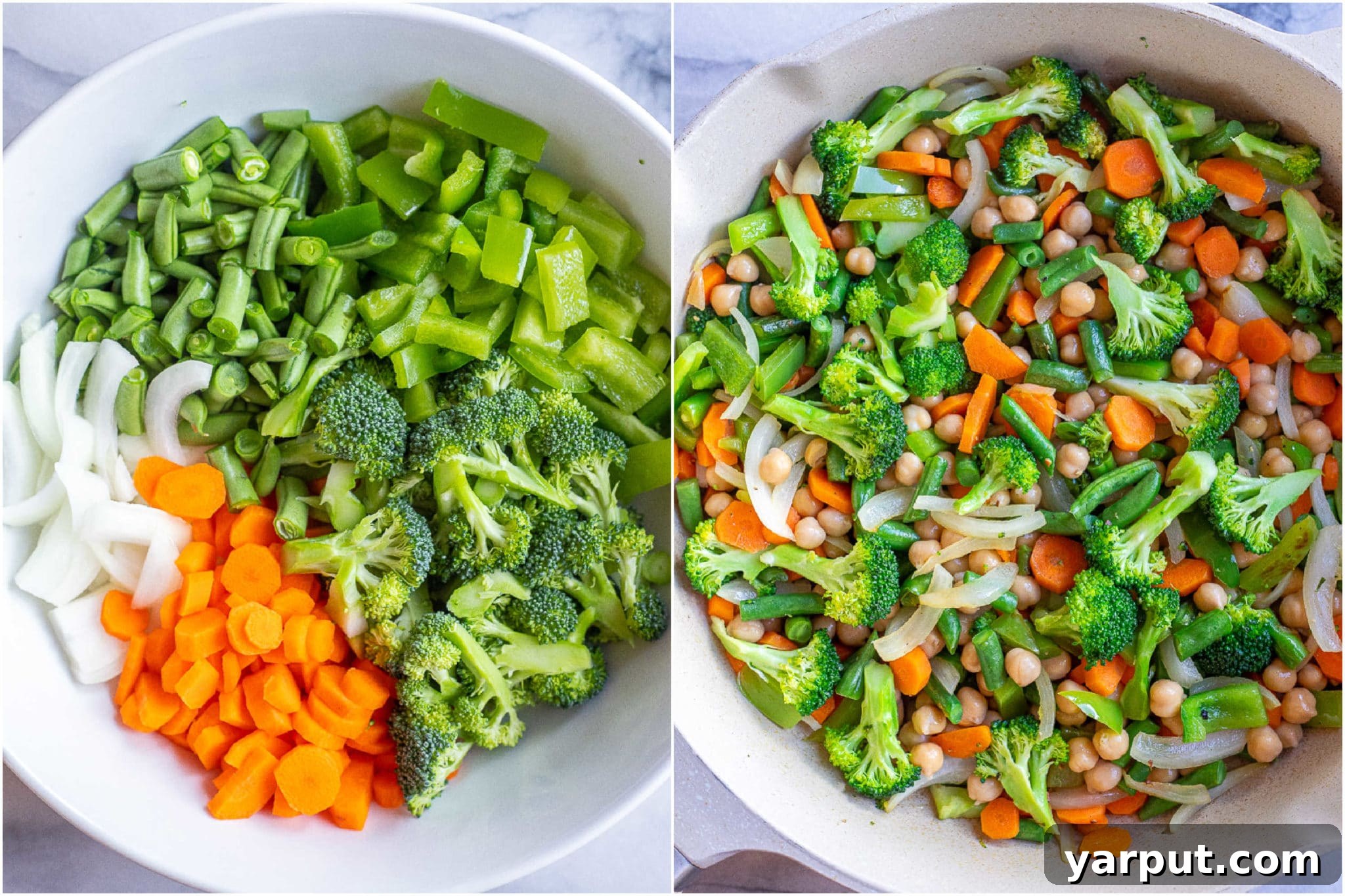 Chopped vegetables and chickpeas ready to be stir-fried in a large frying pan, alongside a bowl of mixed fresh vegetables.