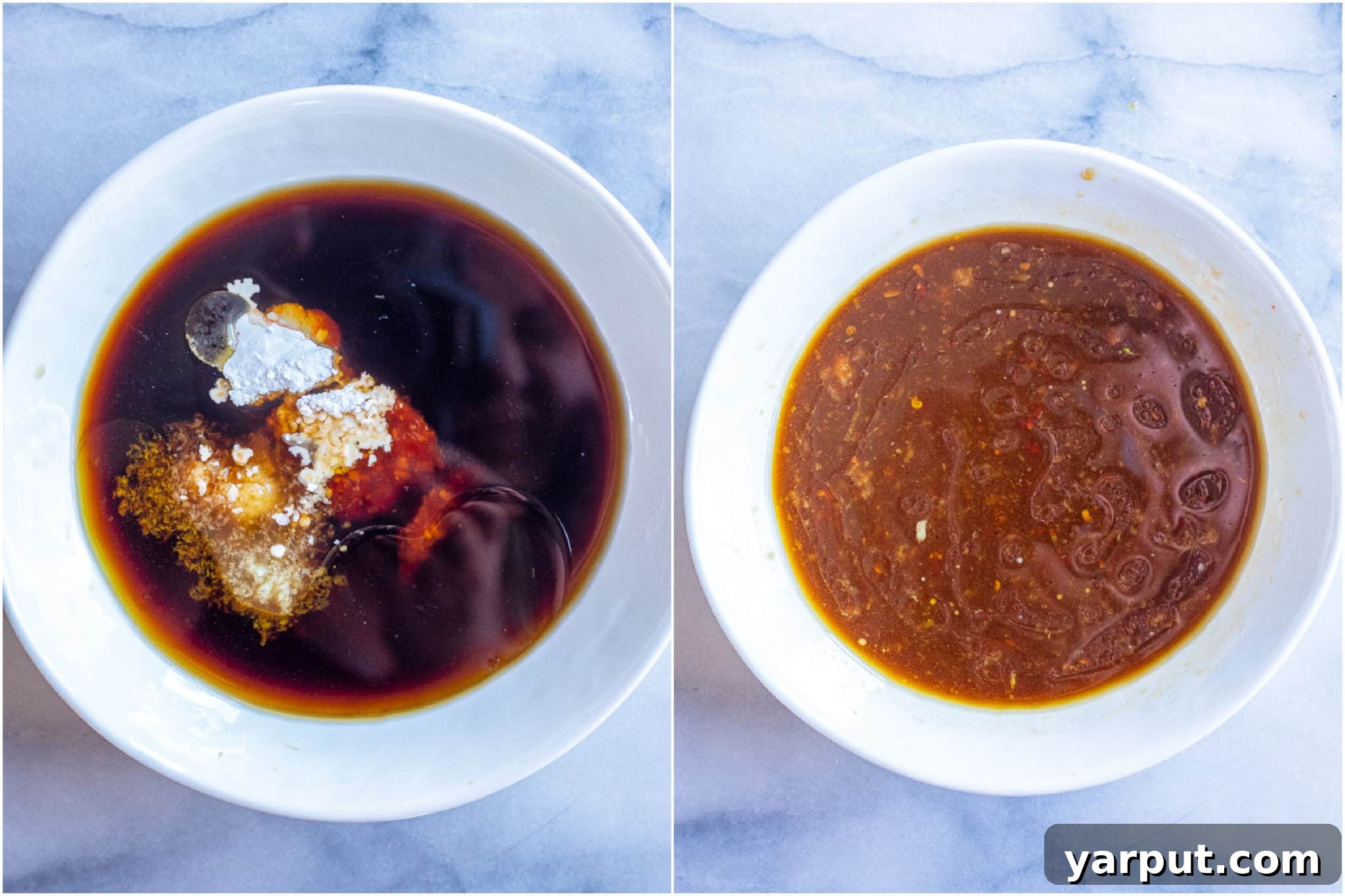 Step-by-step process of making the homemade chili garlic stir fry sauce in a bowl, showcasing the liquid ingredients.