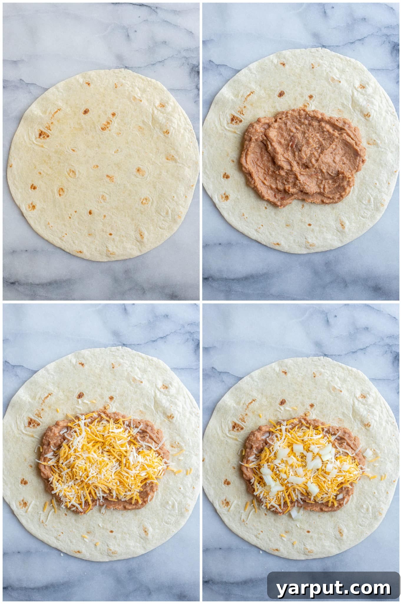 Homemade Taco Bell Bean Burrito Perfection 4 Detailed step-by-step showing how to prepare a Taco Bell bean burrito with warm tortillas, refried beans, and cheese
