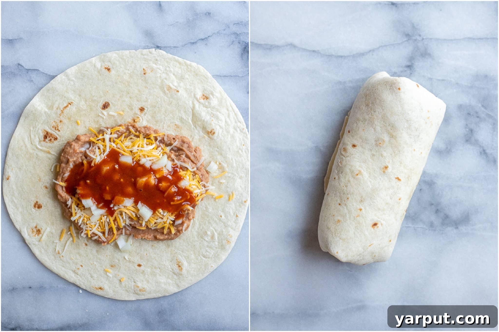 Homemade Taco Bell Bean Burrito Perfection 5 Instructions on how to wrap a bean and cheese burrito with taco sauce inside, ready for folding