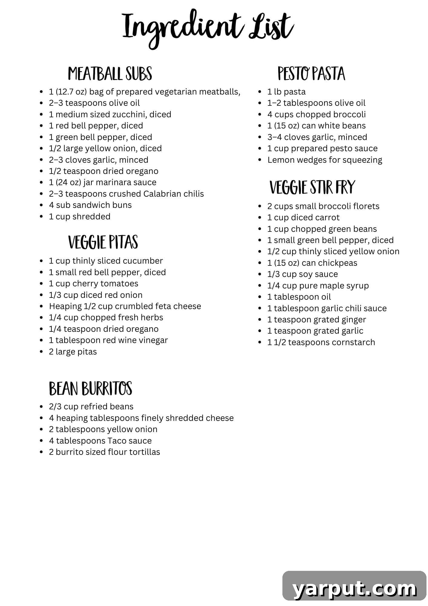 Plant-Powered Wellness: Week 32 Meal Plan 8 Printable shopping list for the vegetarian meal plan, showing ingredients for the week