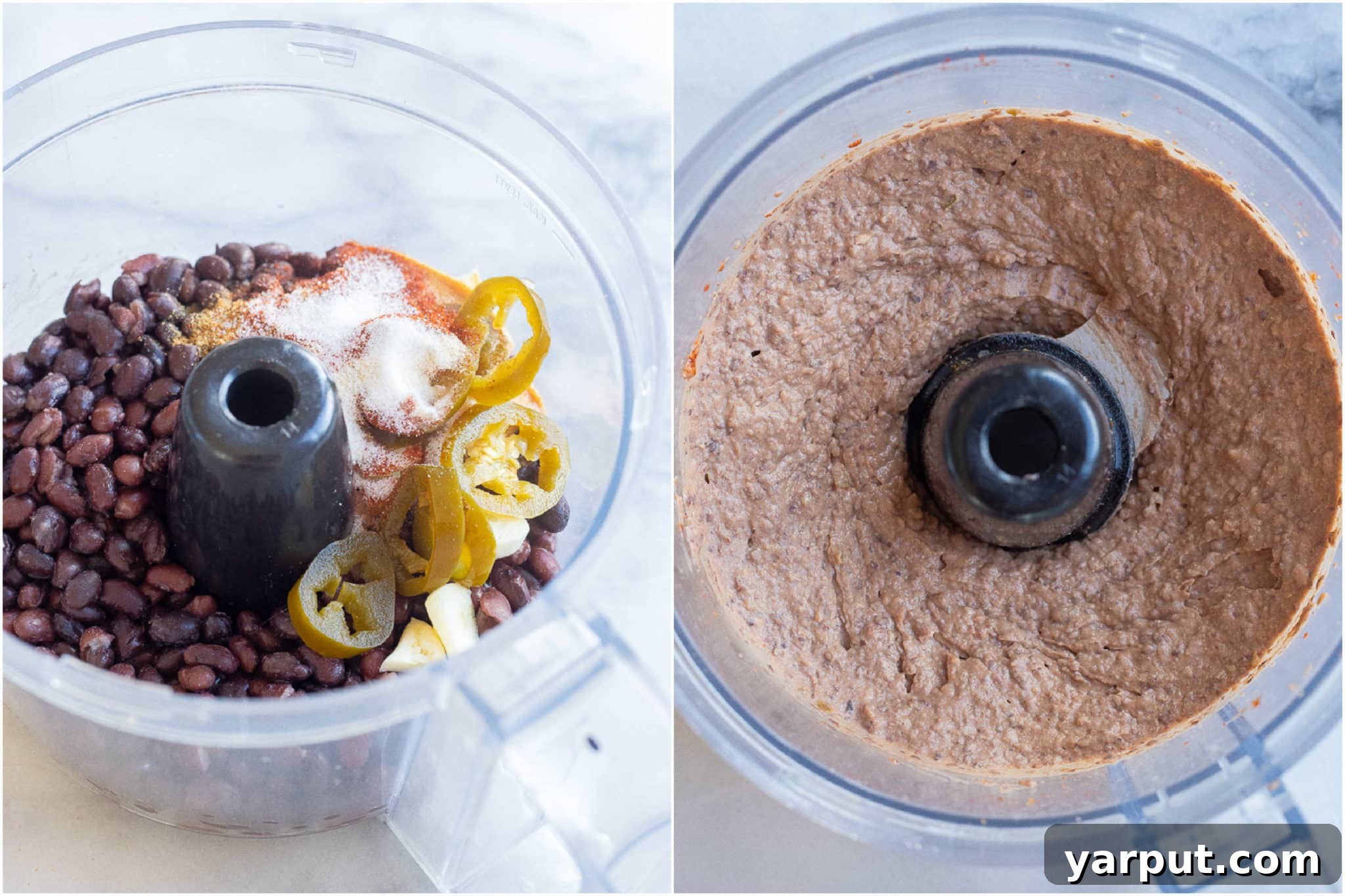 Smoky Black Bean Dip and Crispy Spiced Pita 3 A food processor blending ingredients for black bean hummus, showcasing pickled jalapenos and other fresh components for a homemade dip.