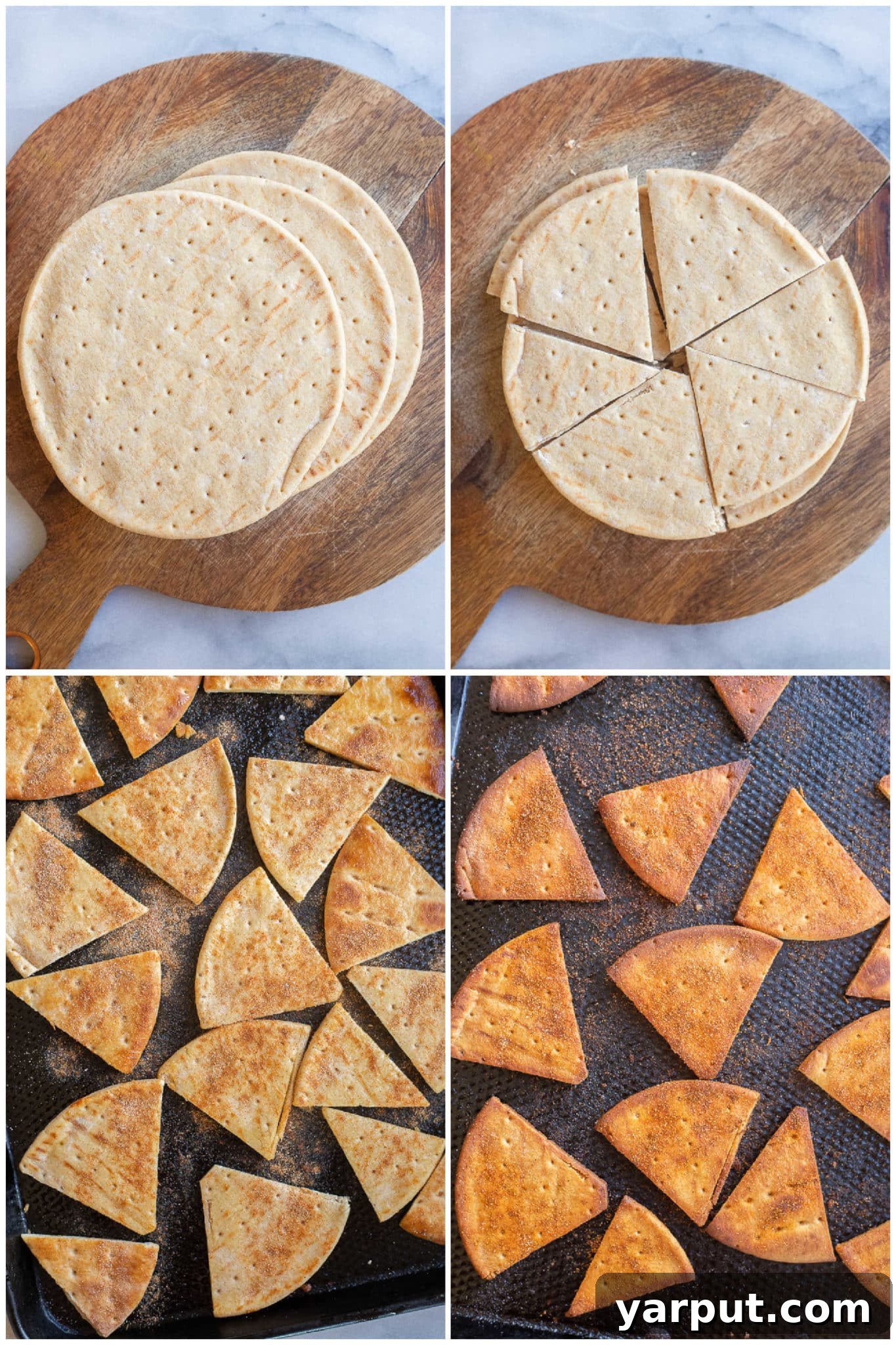 Smoky Black Bean Dip and Crispy Spiced Pita 4 Close-up showing pita bread being cut into triangles and seasoned on a baking sheet, preparing for homemade crispy pita chips.