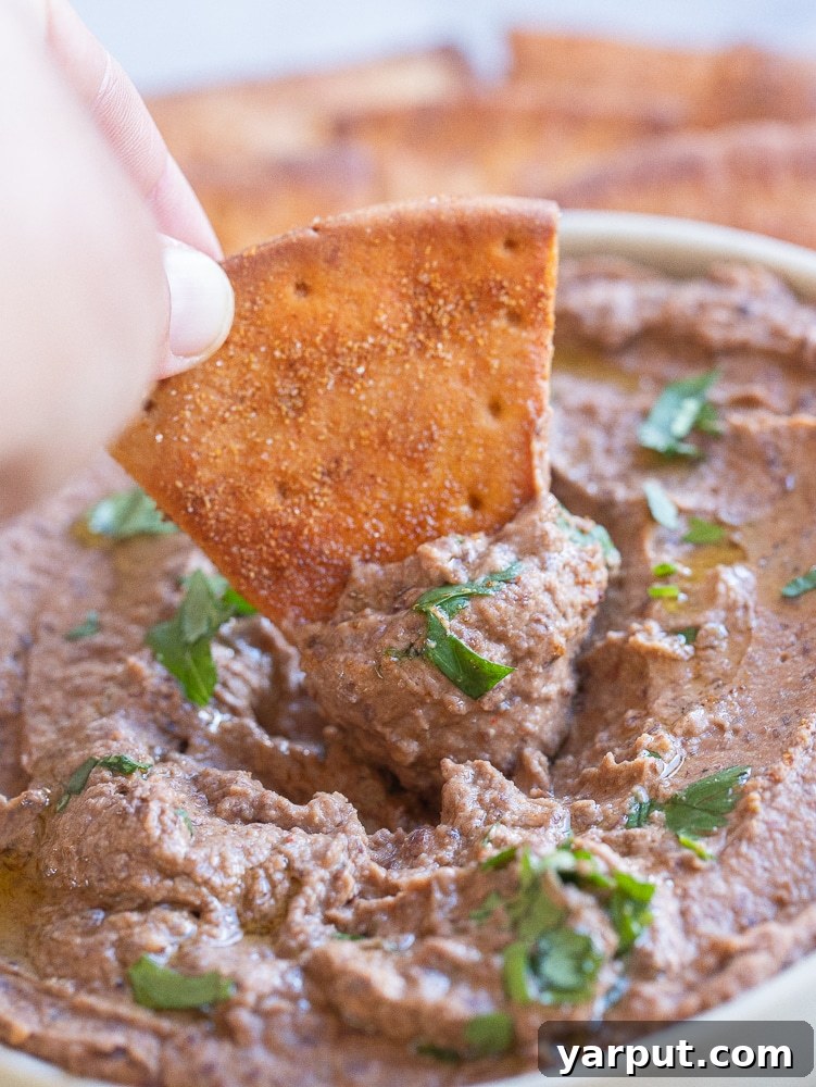 Smoky Black Bean Dip and Crispy Spiced Pita 5 A crispy homemade pita chip being dipped into a bowl of vibrant spicy black bean hummus, illustrating a delicious pairing for a snack or appetizer.