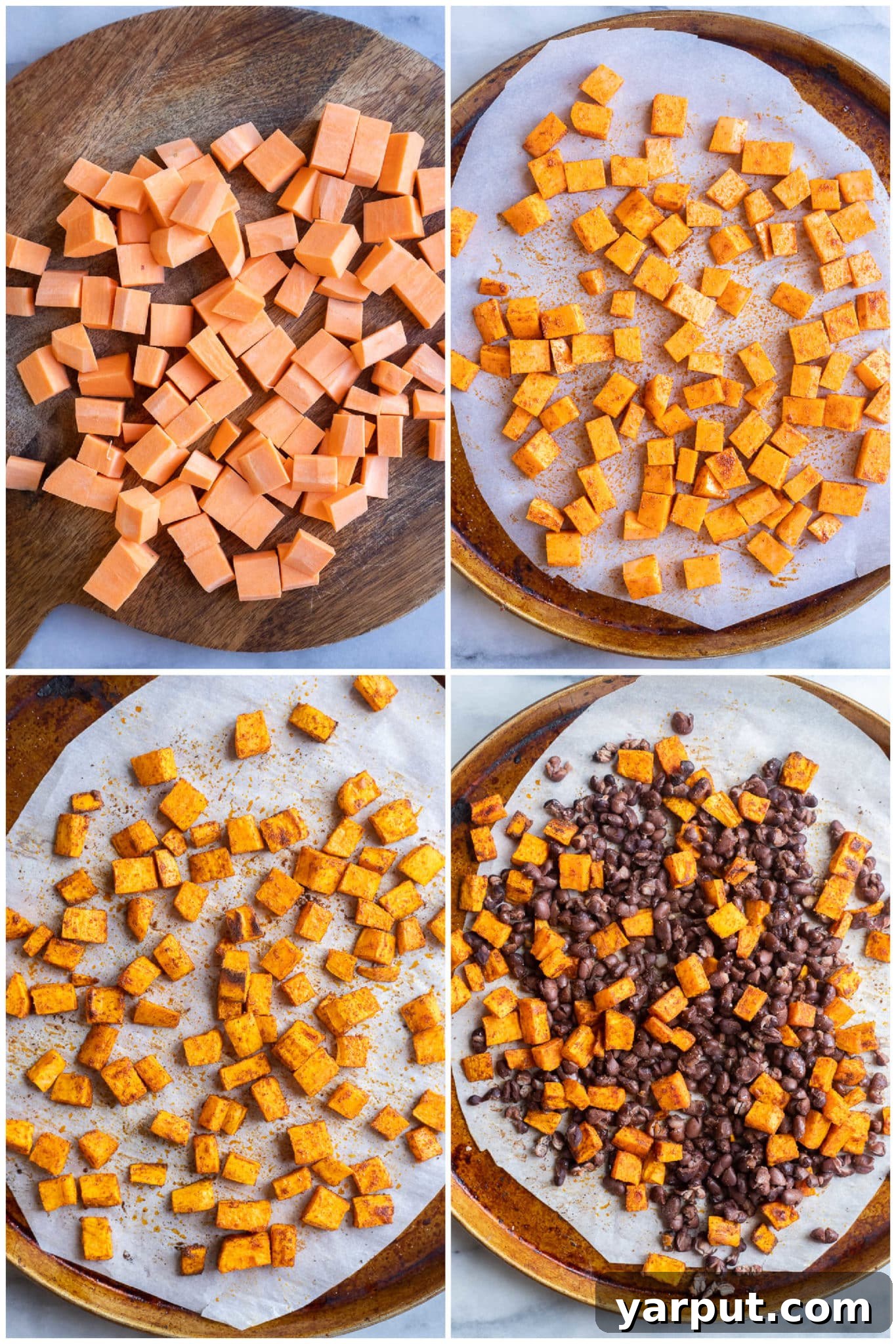 Vibrant Sweet Potato Quinoa Bowls with Green Chile Tahini 3 A step-by-step image showing diced sweet potatoes and black beans being roasted on a baking sheet, illustrating the ease of preparation.