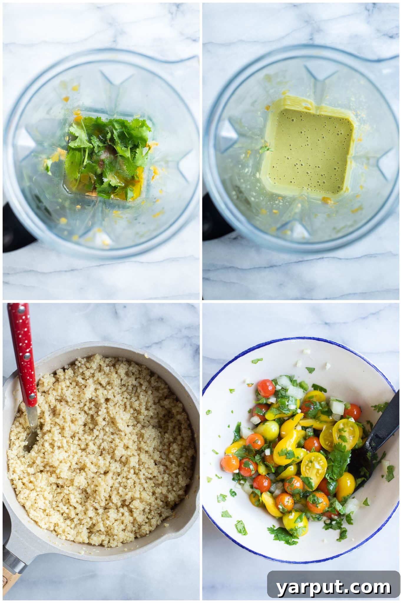 Vibrant Sweet Potato Quinoa Bowls with Green Chile Tahini 4 Showing the preparation of the vibrant Green Chile Tahini Sauce in a blender, alongside cooked quinoa, highlighting the key components of the Buddha bowls.