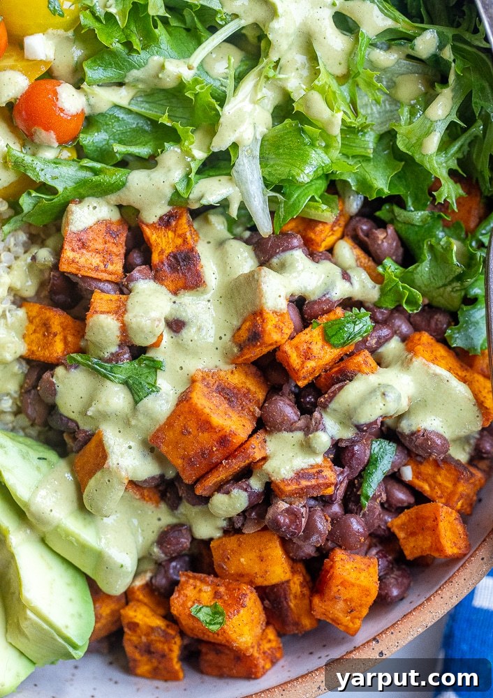 Vibrant Sweet Potato Quinoa Bowls with Green Chile Tahini 7 Close up of richly seasoned roasted sweet potato and black beans, generously drizzled with the vibrant Green Chile Tahini Sauce, ready to be served.