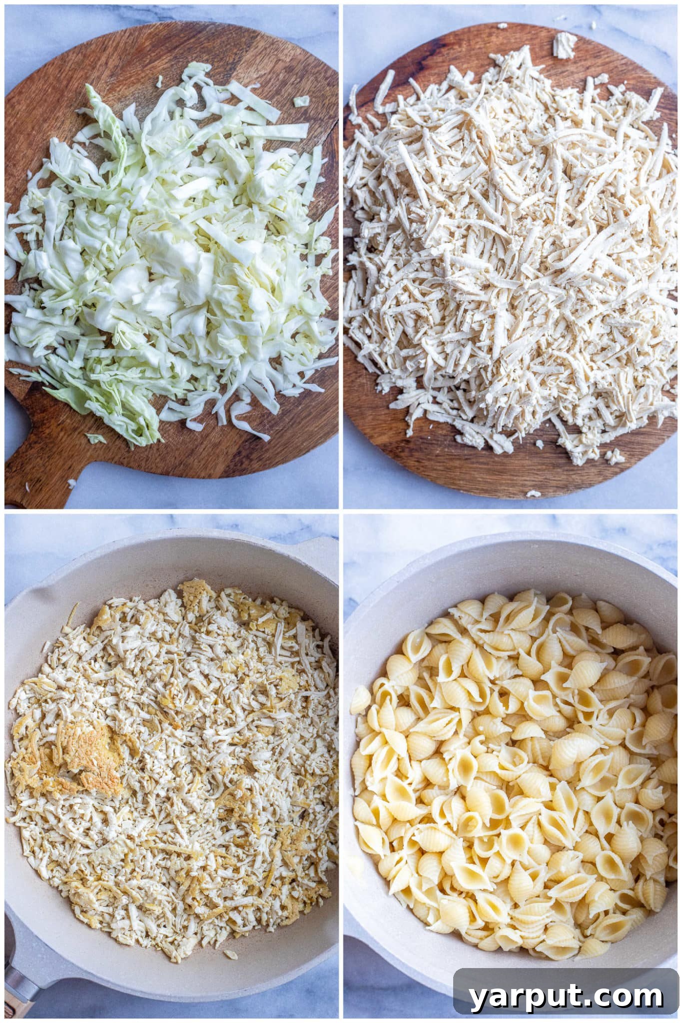 Savory Cabbage and Tofu Noodle Stir-Fry 3 Preparation steps for fried cabbage and noodles with tofu, showing shredded cabbage, grated tofu, and pasta.