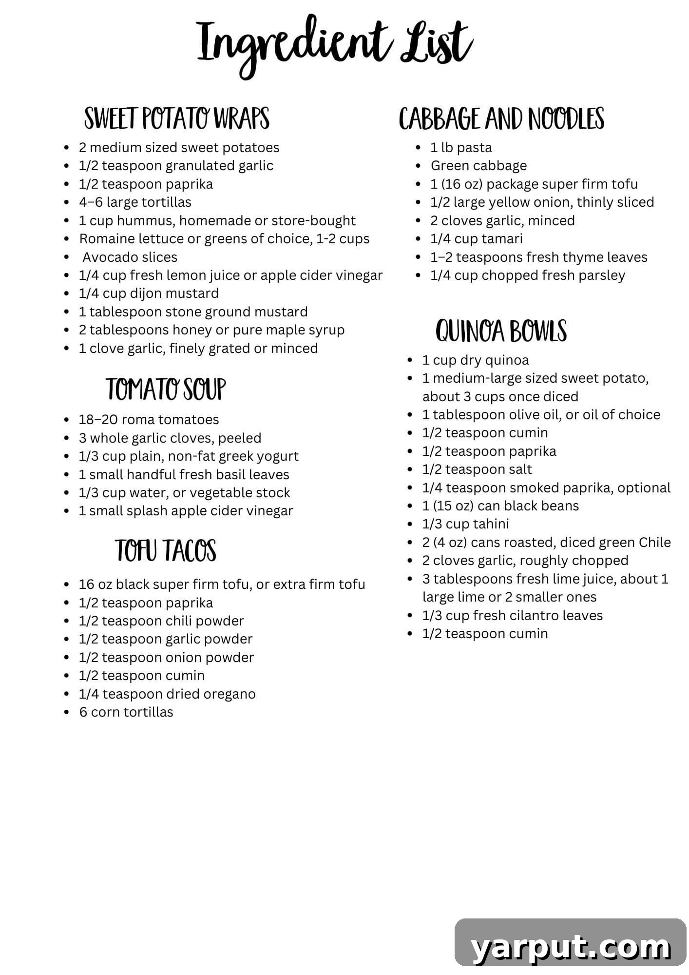 Wholesome Plant-Based Eating for Week 33 8 A printable ingredient shopping list for the vegetarian meal plan, organized by category.