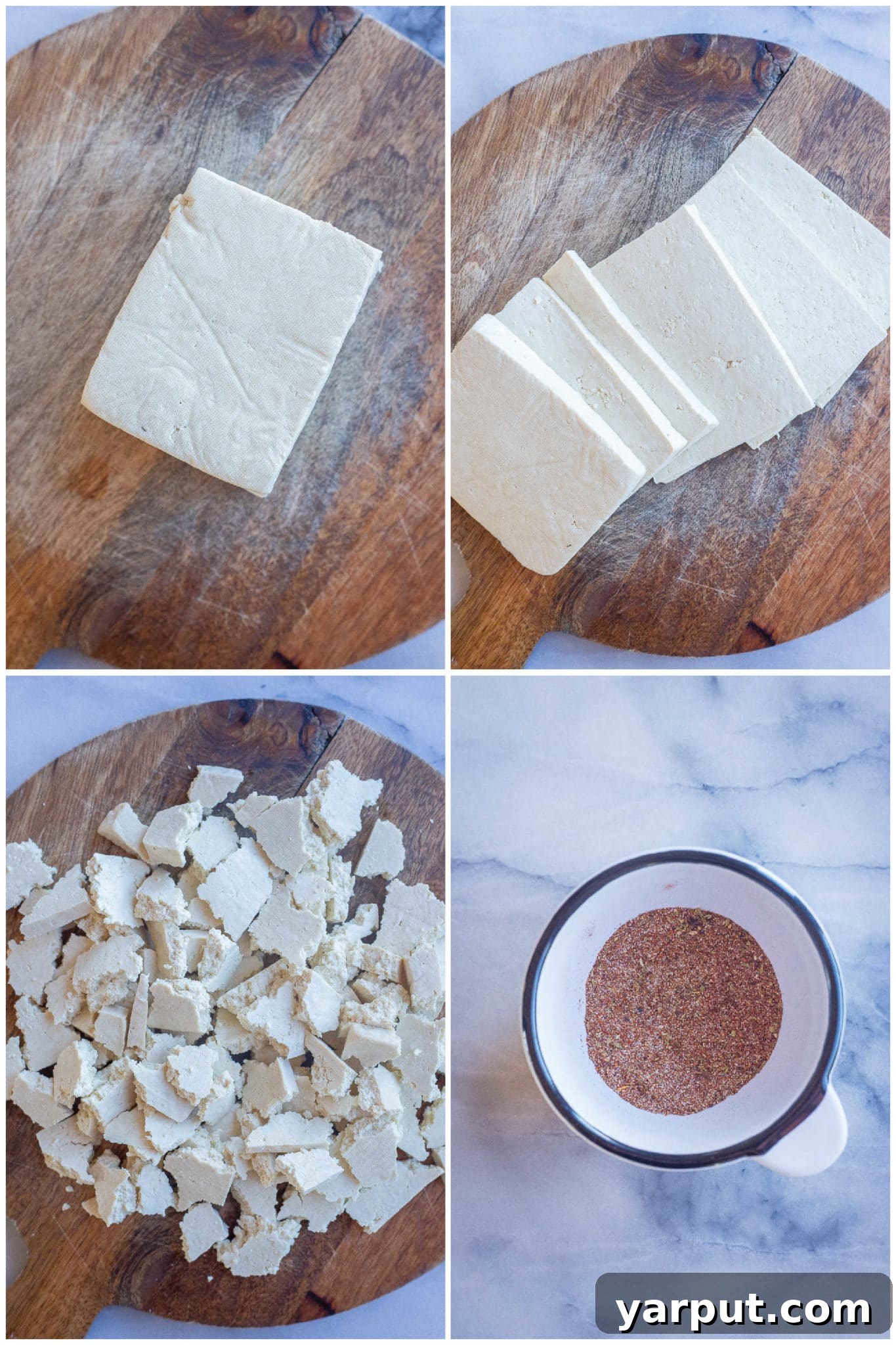 showing how to prepare the tofu and the blackening seasoning for these tofu tacos