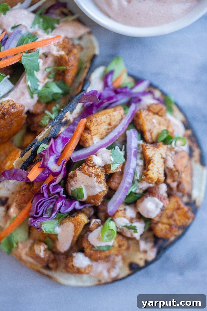 close up of a blackened tofu taco on a plate