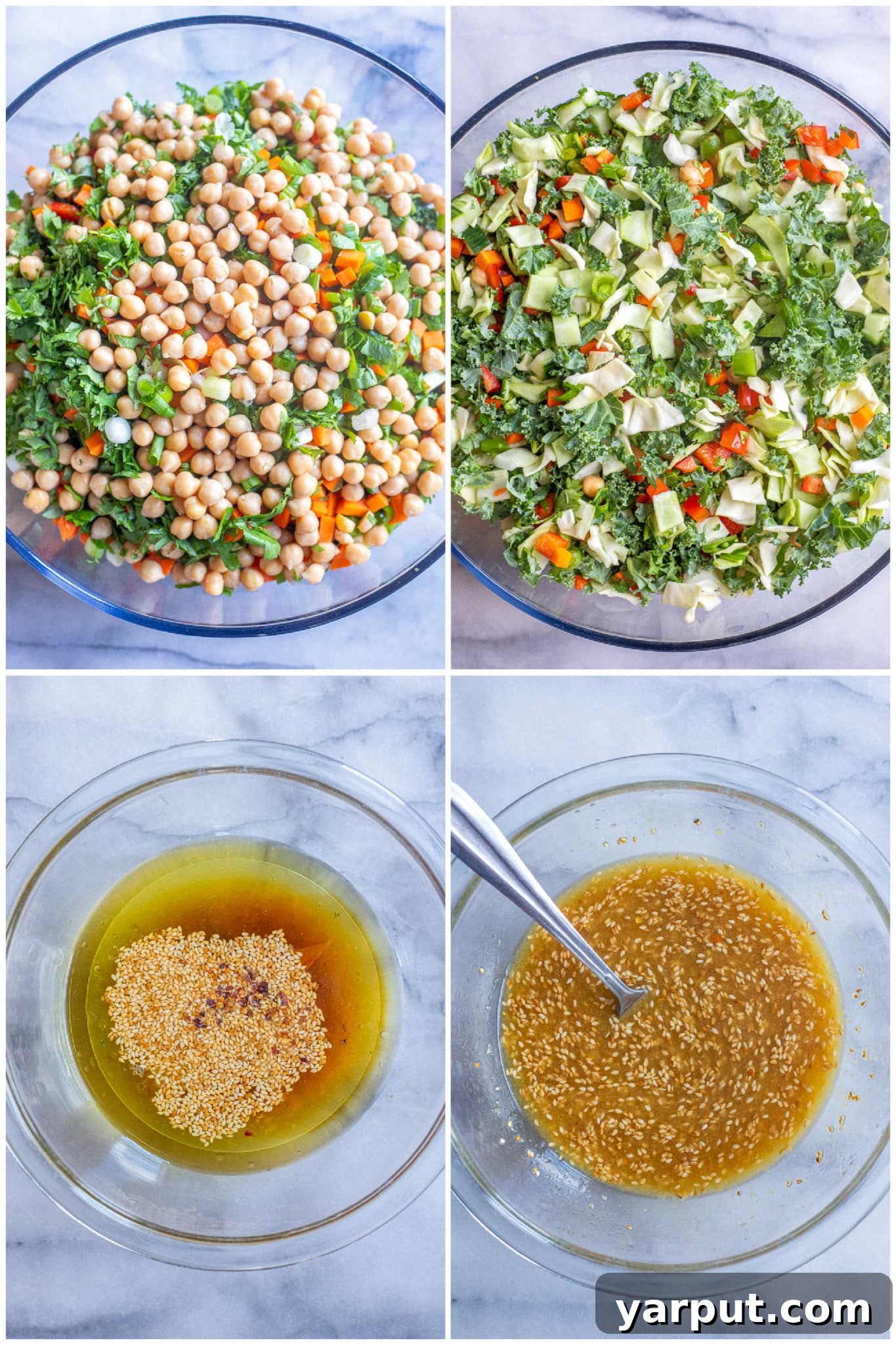 Showing how to prepare this Asian-inspired crunchy cabbage salad with all the vibrant vegetables and the easy peanut ginger dressing in separate bowls.