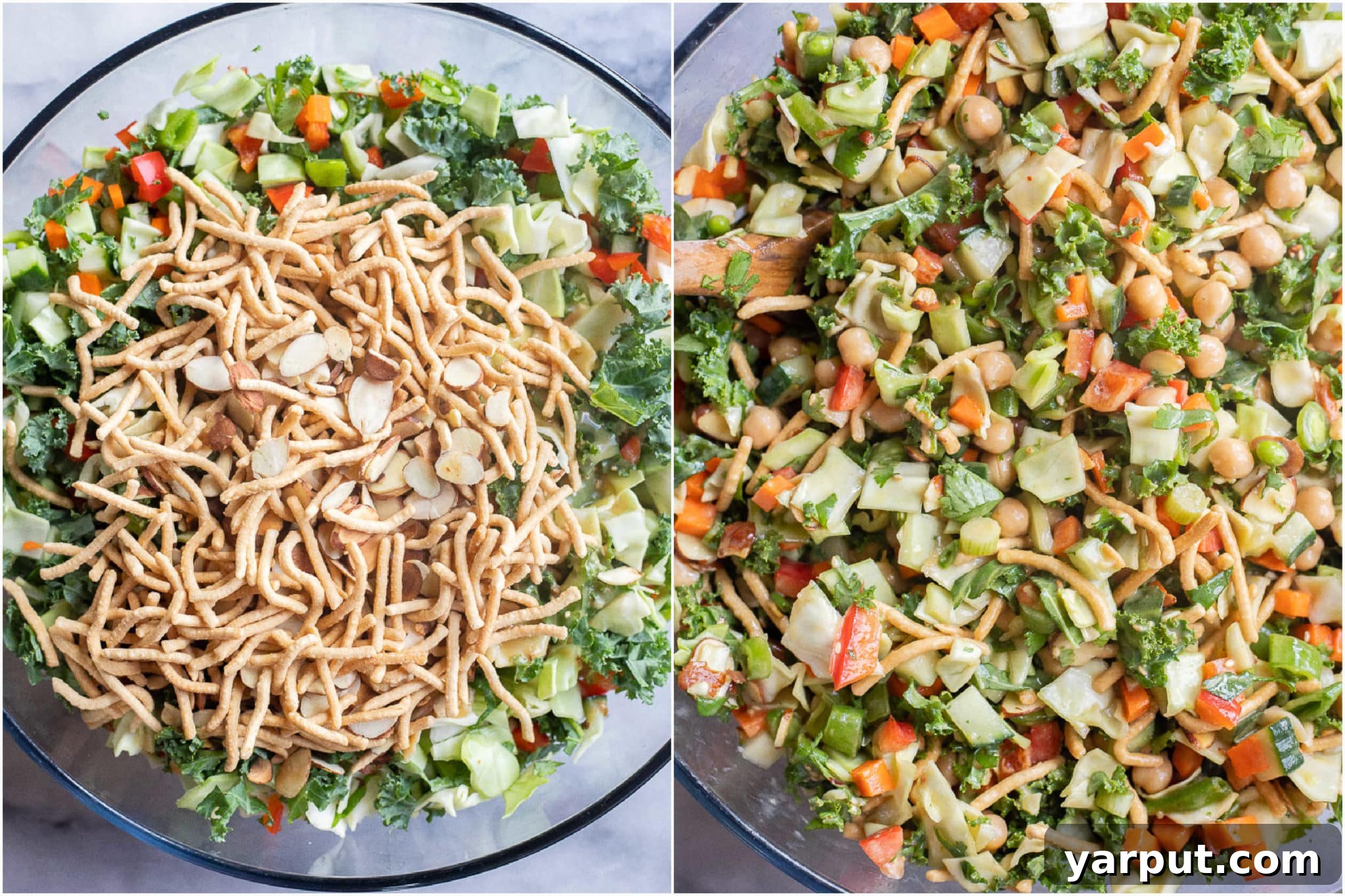 Crunchy cabbage salad all mixed together in a large serving bowl, ready to be enjoyed.