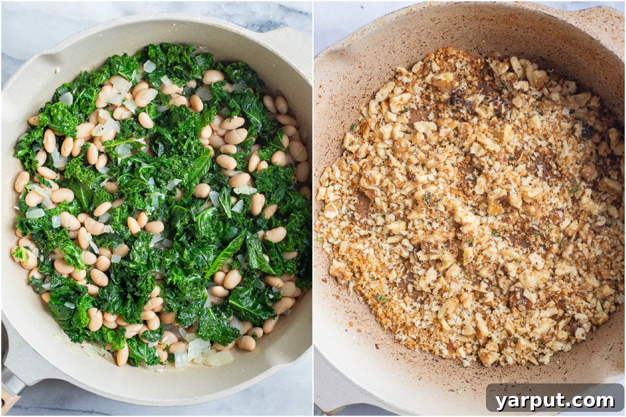 Rustic Kale and White Bean Pasta with Parmesan 3 Step-by-step imagery showing the preparation of the garlicky kale and white beans for the pasta, alongside the making of the crispy walnut panko topping, highlighting the fresh ingredients and textures.