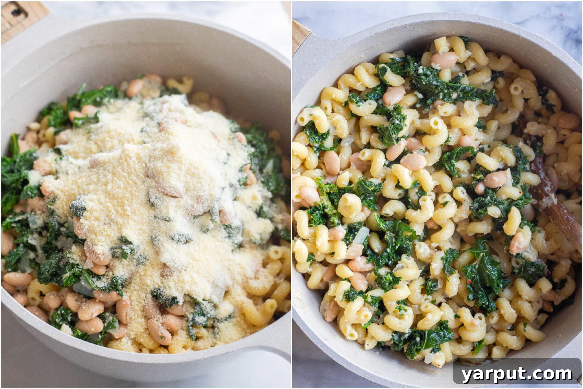 Rustic Kale and White Bean Pasta with Parmesan 4 Close-up view of the Kale and White Bean Pasta with Parmesan being tossed and mixed in a large pot, showcasing the creamy sauce and the even distribution of ingredients.