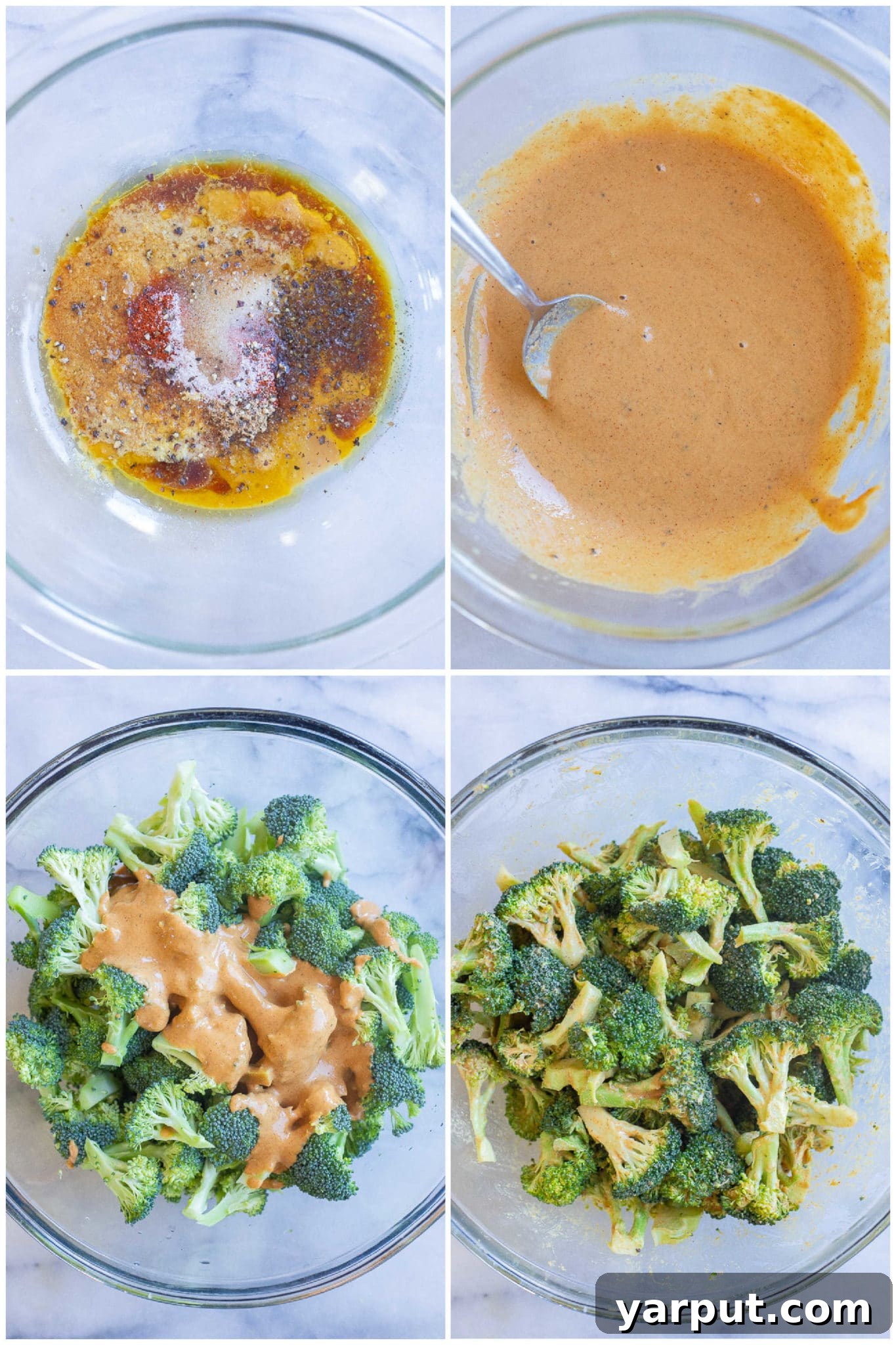 Step-by-step image showing how to prepare the creamy tahini sauce in a bowl, followed by tossing it thoroughly with fresh broccoli florets for even coating.