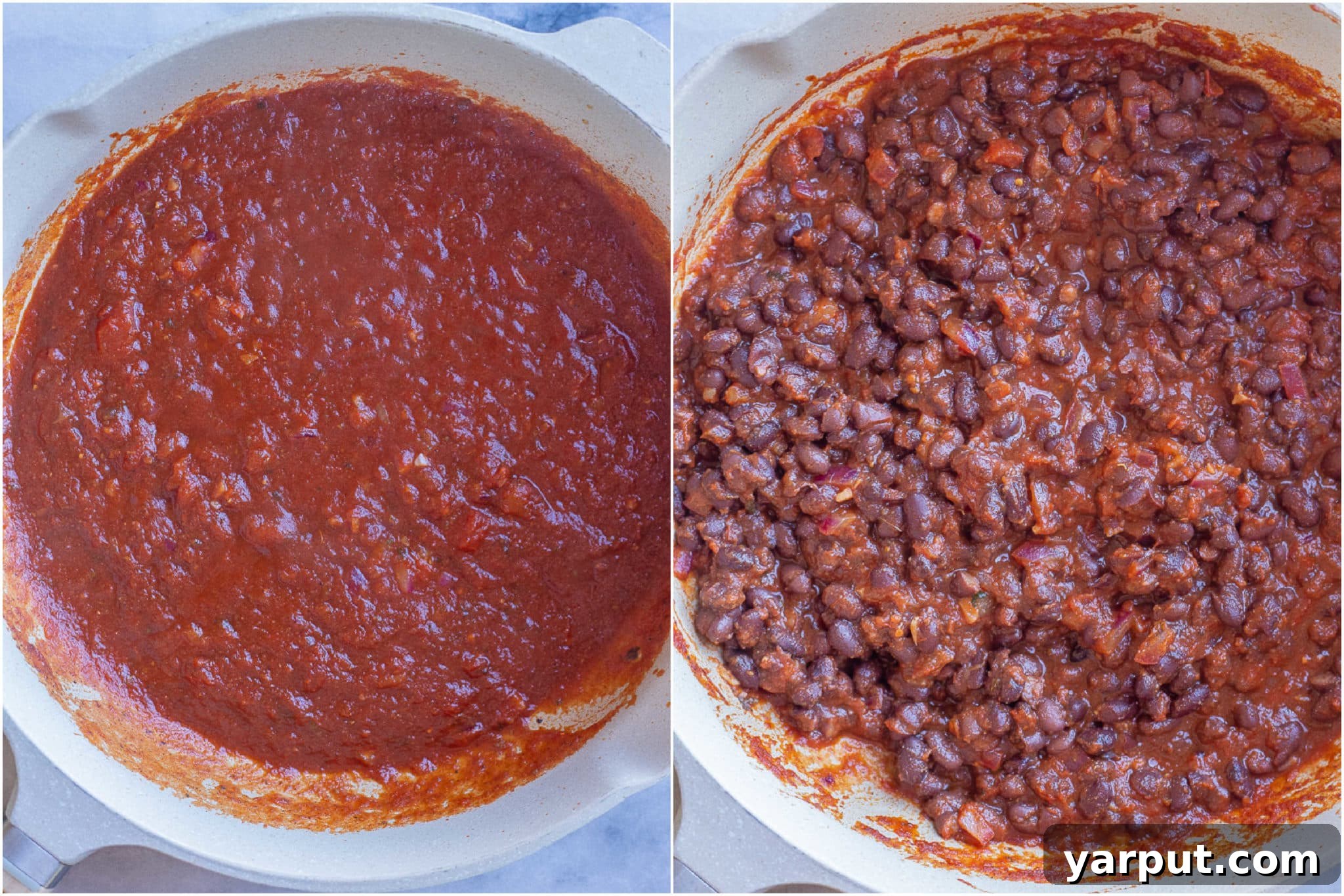Step-by-step image showing how to prepare BBQ black beans, mixing cooked black beans with rich homemade BBQ sauce in a pan.