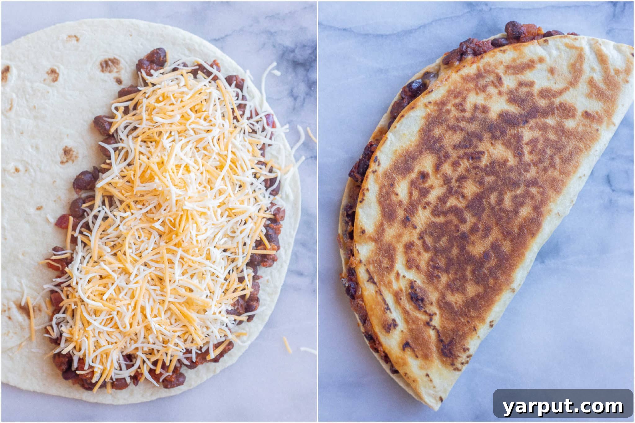Close-up of a partially assembled quesadilla showing BBQ black beans and shredded cheese on a tortilla, with a finished, cooked quesadilla in the background.
