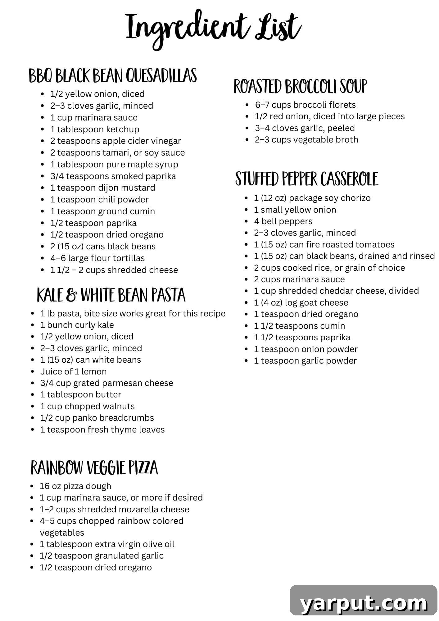 Your 34th Week of Delicious Plant-Powered Eating 8 Printable ingredient list for a week of budget-friendly vegetarian meals