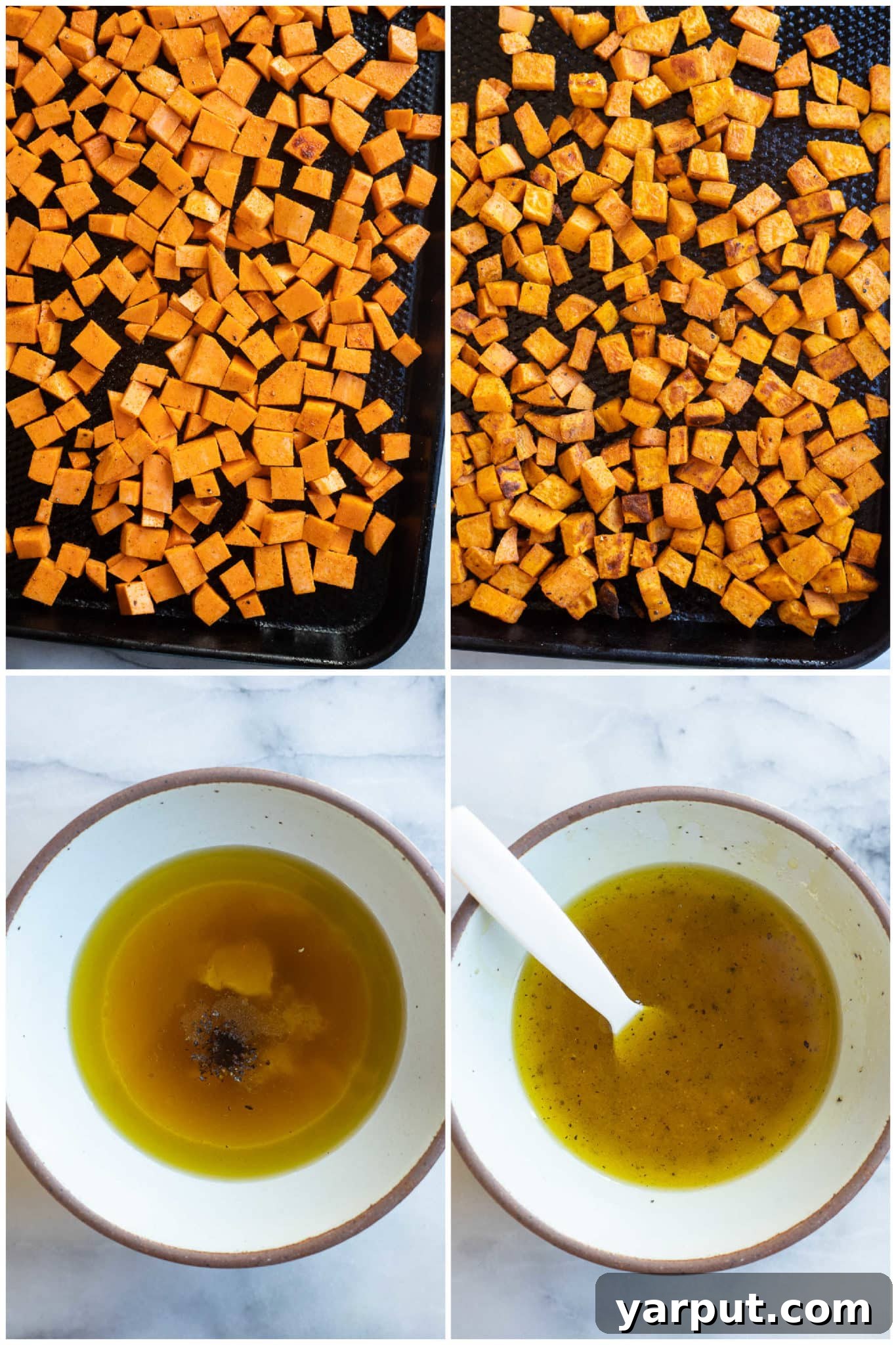 Spooky Rice and Veggie Medley 3 showing how to roast the sweet potatoes and prepare the apple cider vinegar dressing