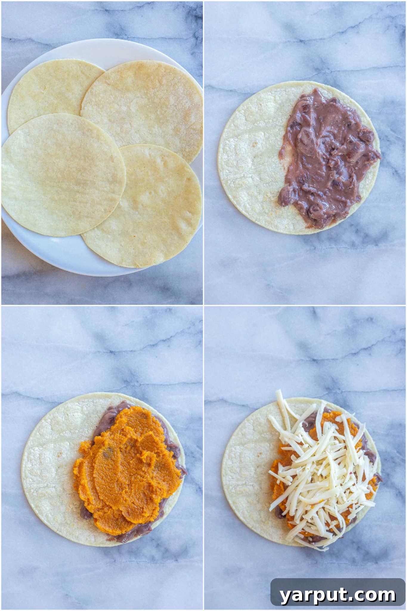 Spiced Pumpkin Black Bean Tacos 4 A step-by-step visual guide showing the assembly process of making crispy black bean tacos with a savory pumpkin filling.