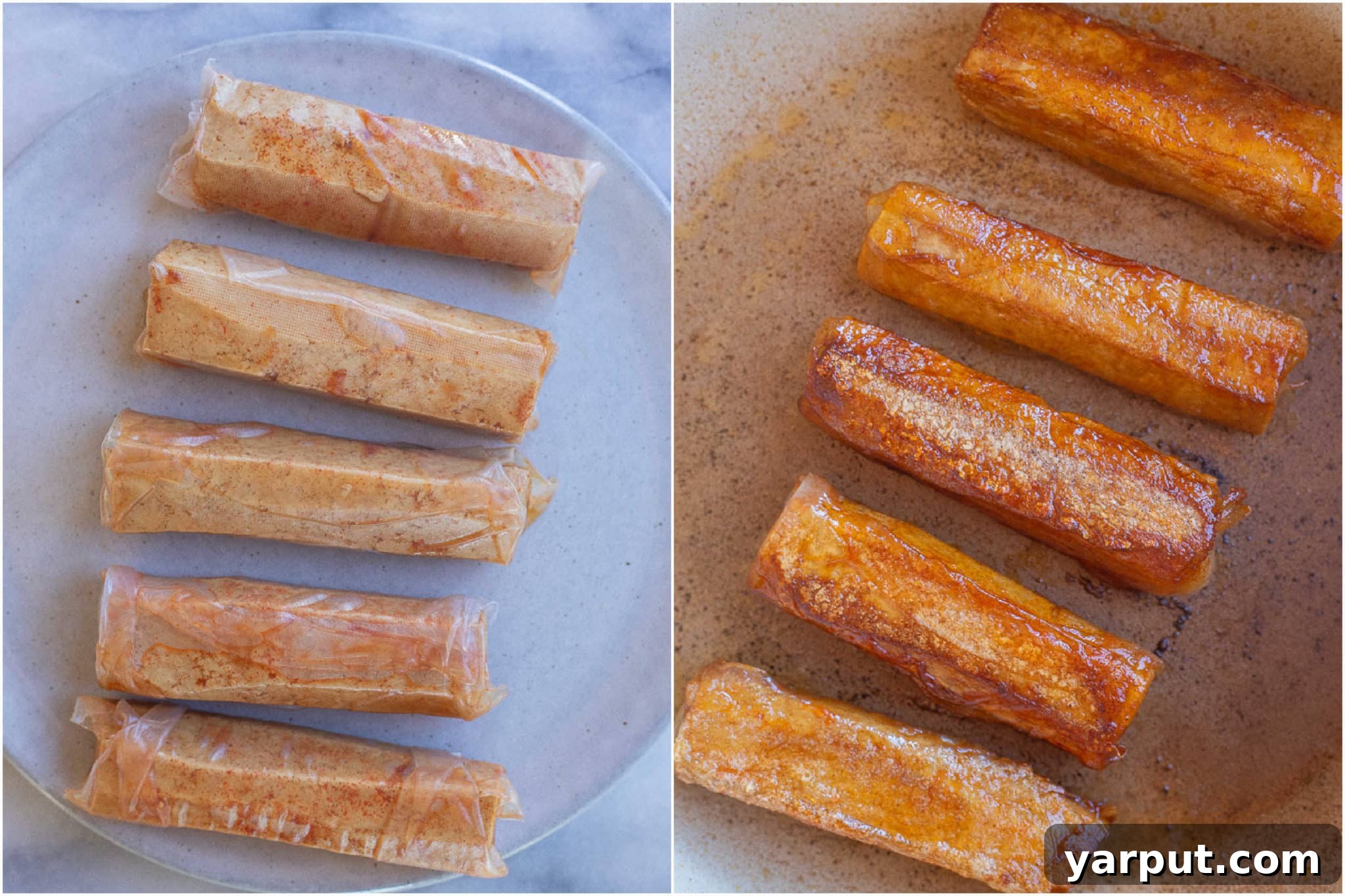 Whip Up Your Own Vegan Hot Dogs 5 tofu hot dogs before and after they have been cooked