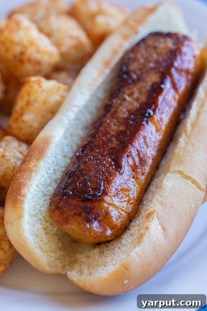 Whip Up Your Own Vegan Hot Dogs 6 close up of a crispy vegetarian hot dog in a bun