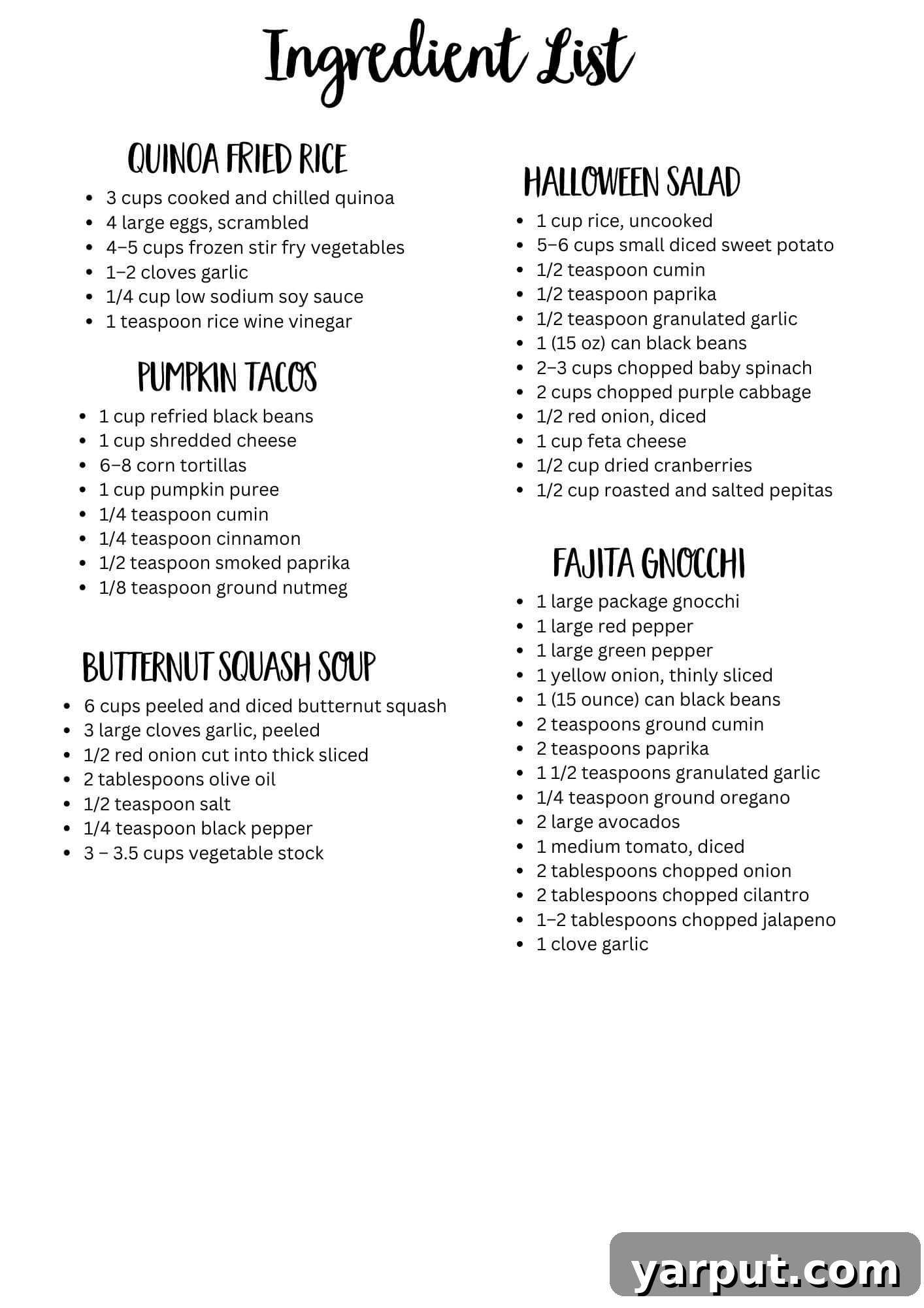 Week 35 Vegetarian Meal Plan 8 Printable Ingredient List