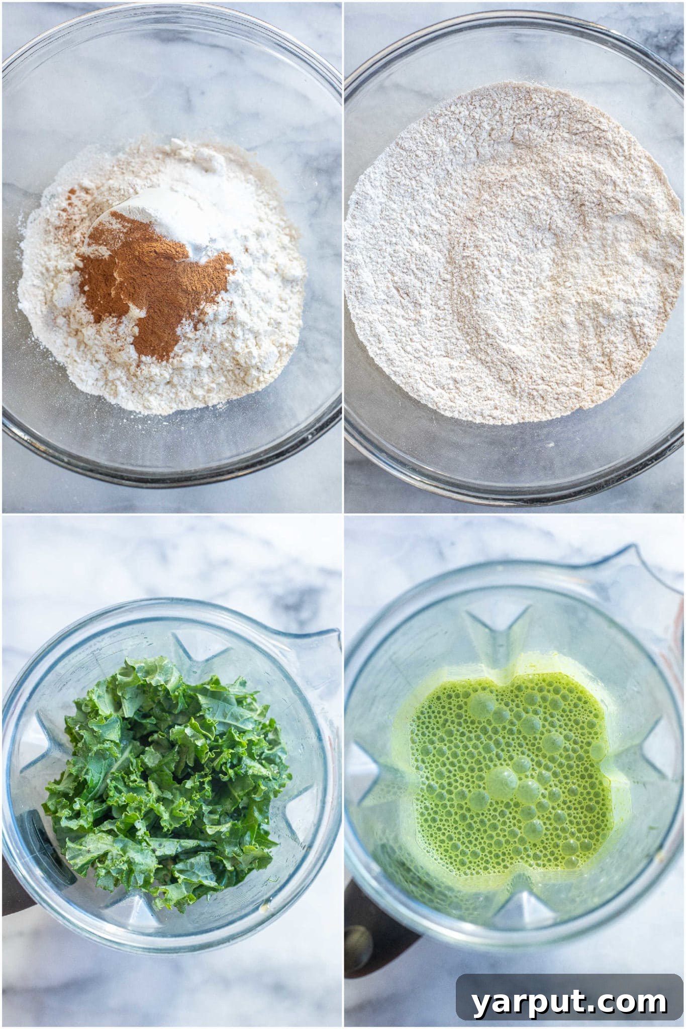 Spooky Smart Frankenstein Treats 3 Step-by-step image illustrating how to prepare the healthy green muffin recipe, featuring wholesome ingredients like whole wheat flour and fresh kale being added to the mixture.