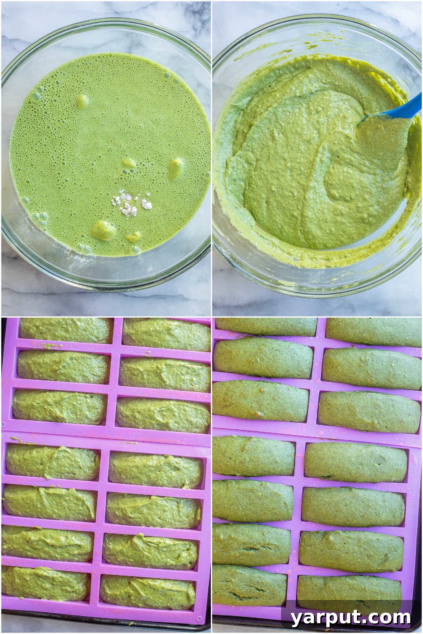 Spooky Smart Frankenstein Treats 4 A visual comparison showing vibrant green muffin batter in granola bar molds before baking, next to a batch of perfectly baked, golden-green bars, ready for decoration.