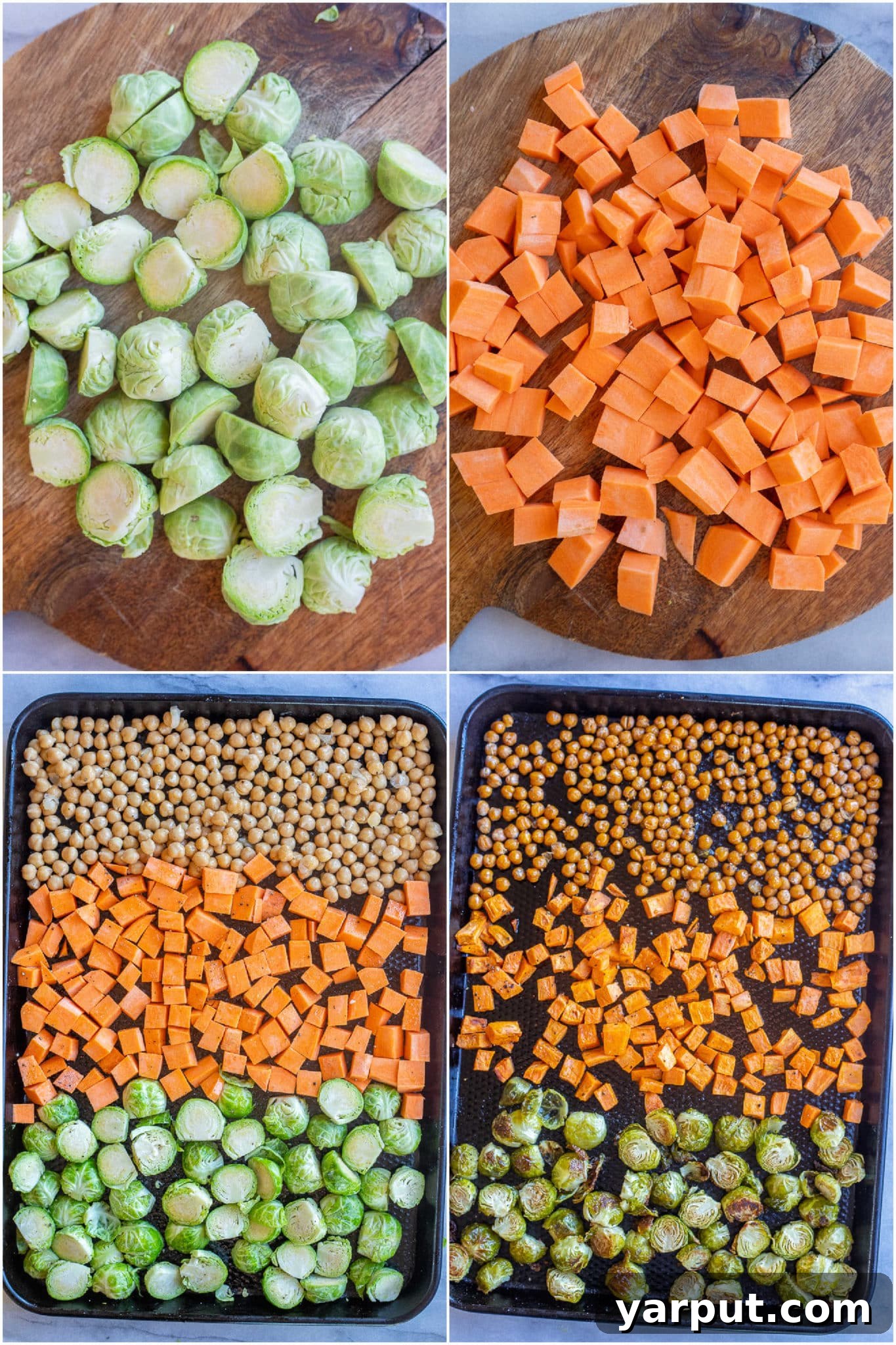 Crispy Roasted Brussels Sprout Bowls with Creamy Honey Mustard Dressing 3 showing how to prepare the roasted veggies and chickpeas on a sheet pan