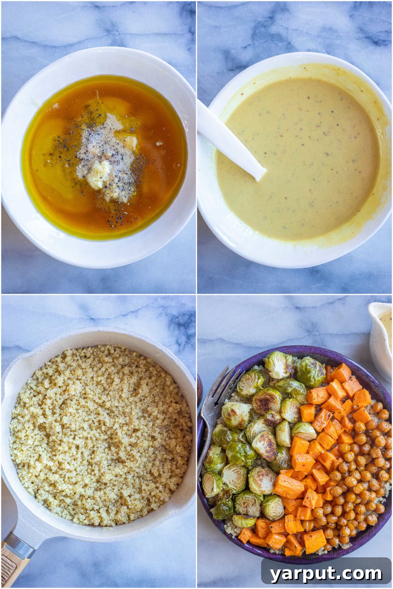 Crispy Roasted Brussels Sprout Bowls with Creamy Honey Mustard Dressing 4 showing how to make the creamy honey mustard dressing and the quinoa for these hearty buddha bowls.