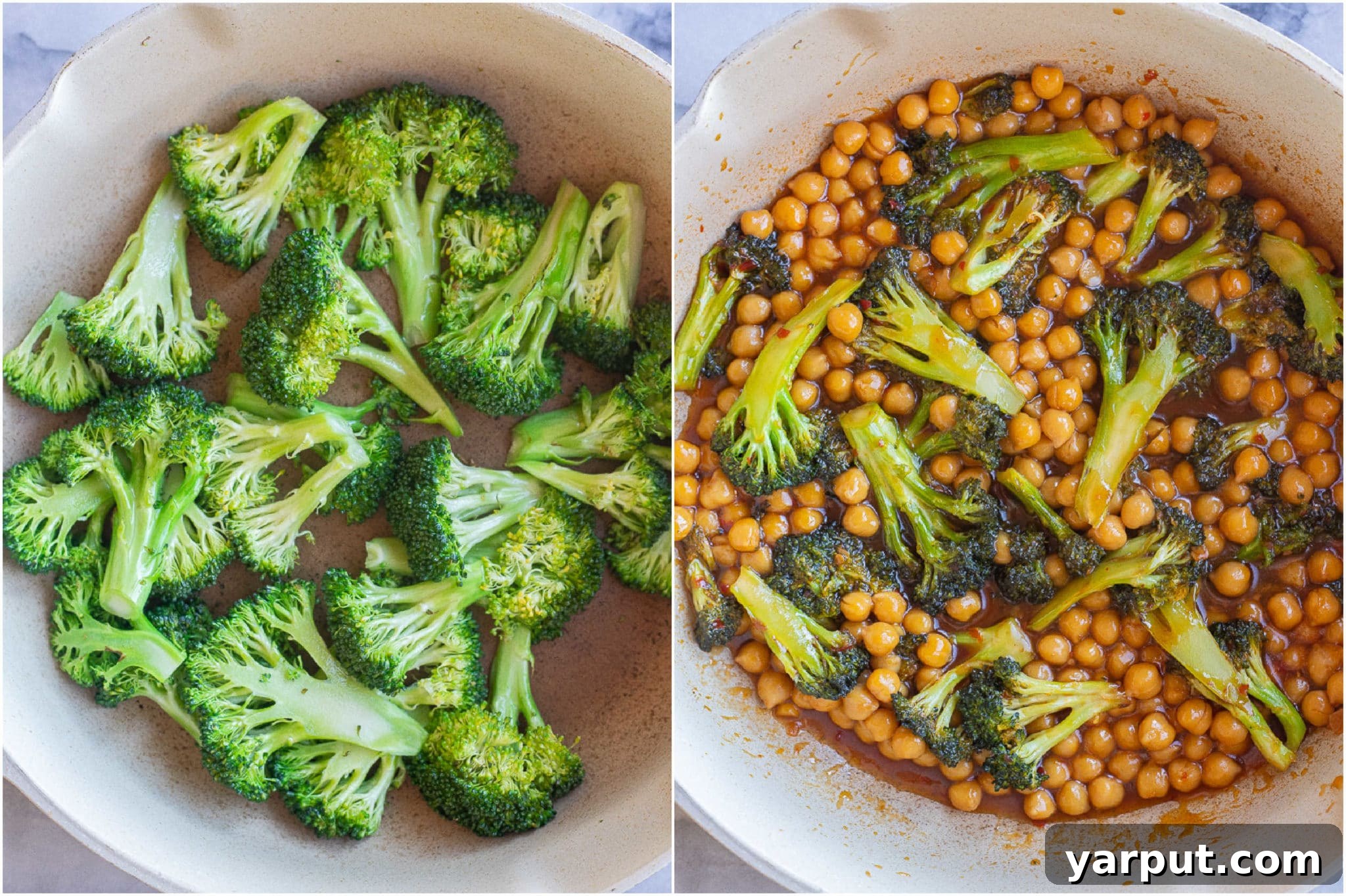 Bold Chili Garlic Broccoli with Crispy Chickpeas 4 cooked broccoli in the pan with the sauce and chickpeas