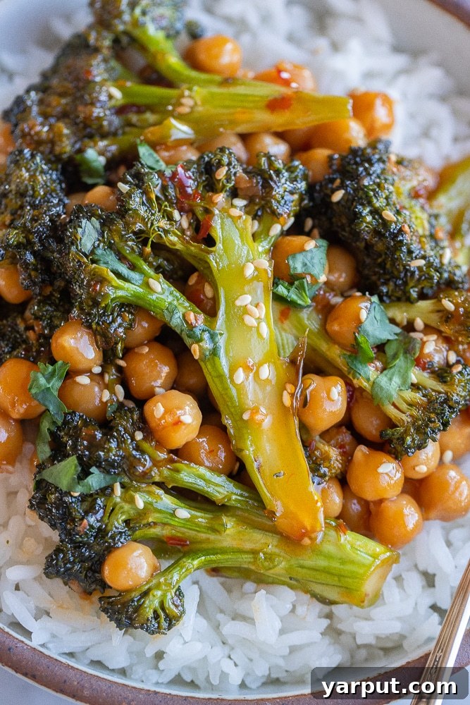 Bold Chili Garlic Broccoli with Crispy Chickpeas 5 close up of chili garlic glazed broccoli with chickpeas
