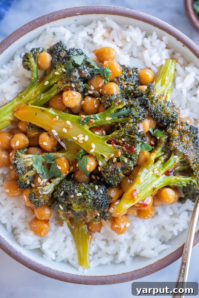 Bold Chili Garlic Broccoli with Crispy Chickpeas 6 close up of chili garlic broccoli with chickpeas in a bowl with rice