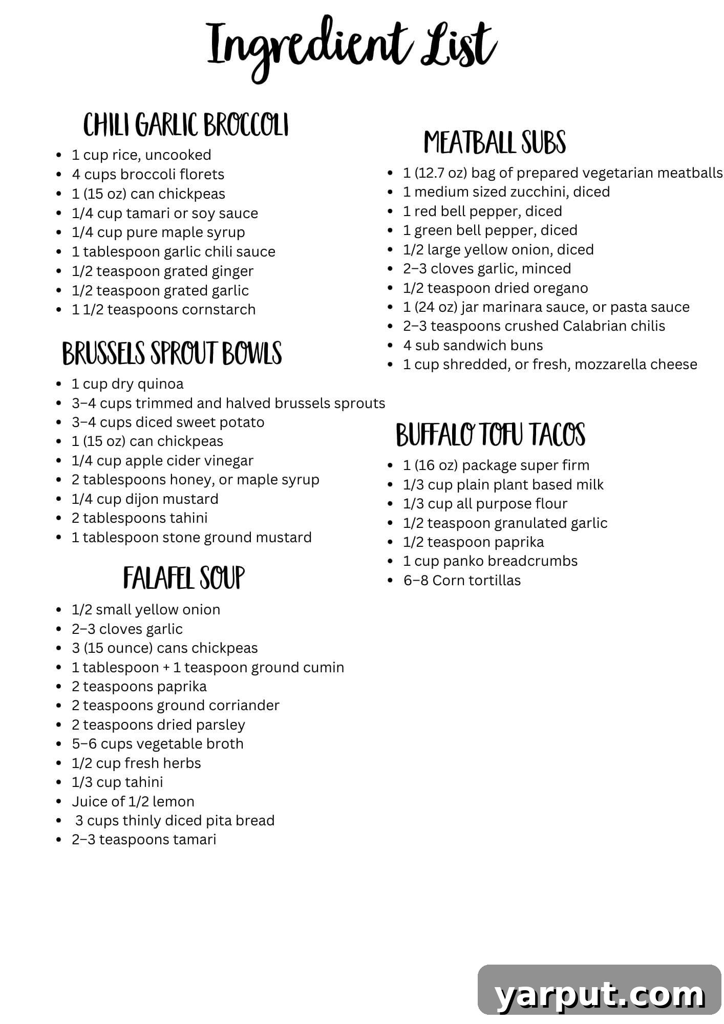 Vegetarian Meal Plan Made Easy: Week 37 8 A clearly organized printable grocery list for the weekly vegetarian meal plan, featuring categorized ingredients for easy shopping.