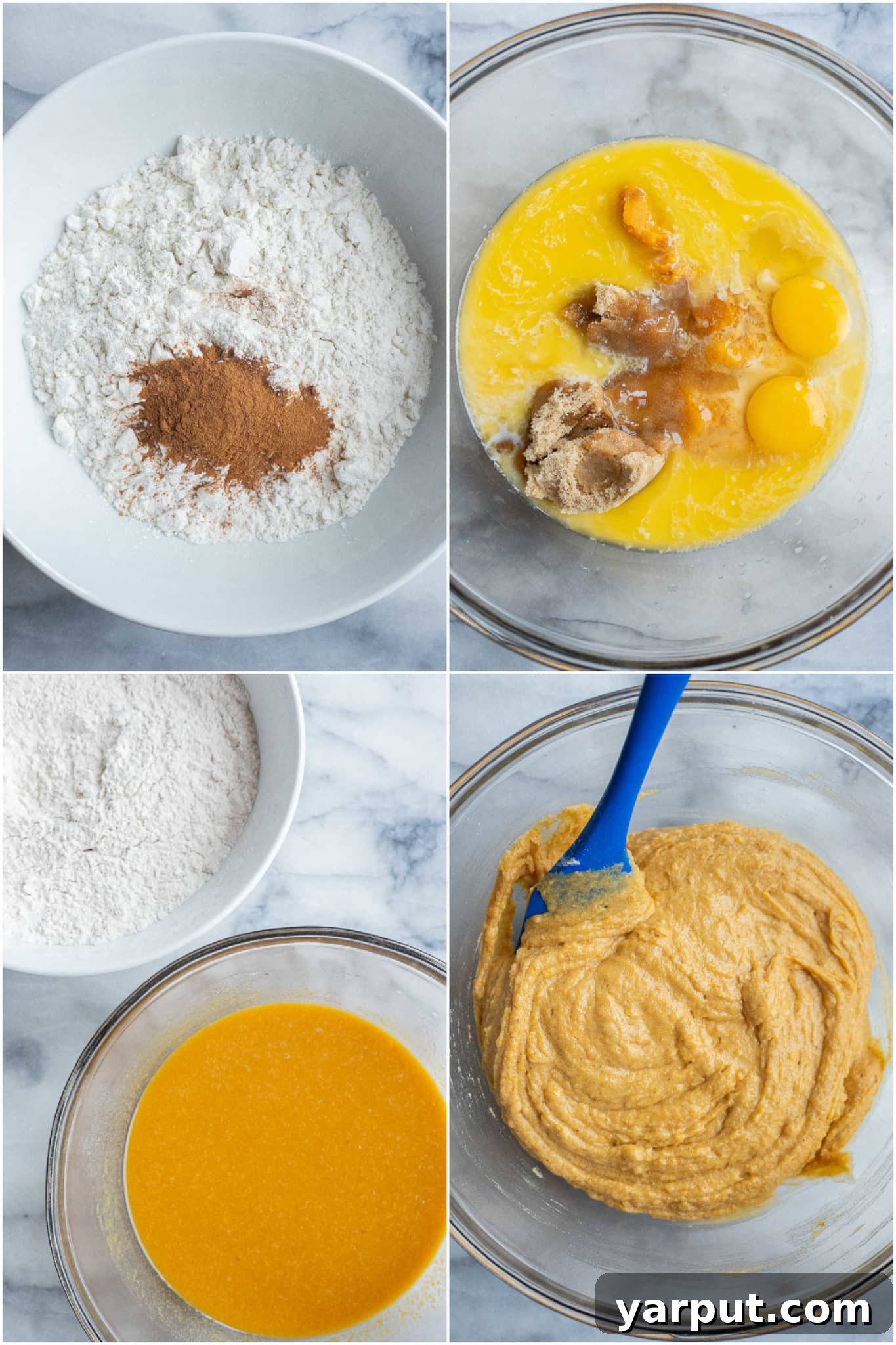 Step-by-step image showing the process of mixing the smooth, vibrant gluten-free pumpkin donut batter in a bowl.