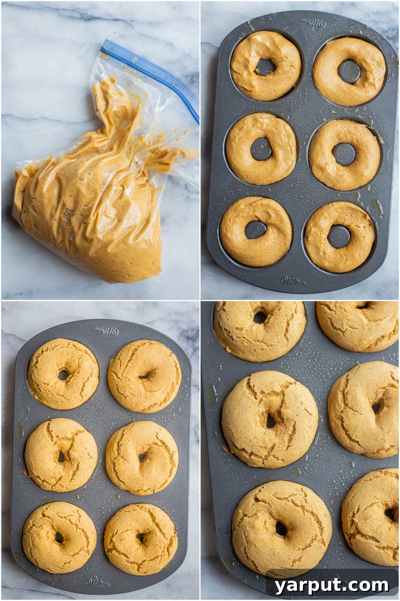The process of piping gluten-free pumpkin donut batter into a non-stick donut pan, ready for baking.