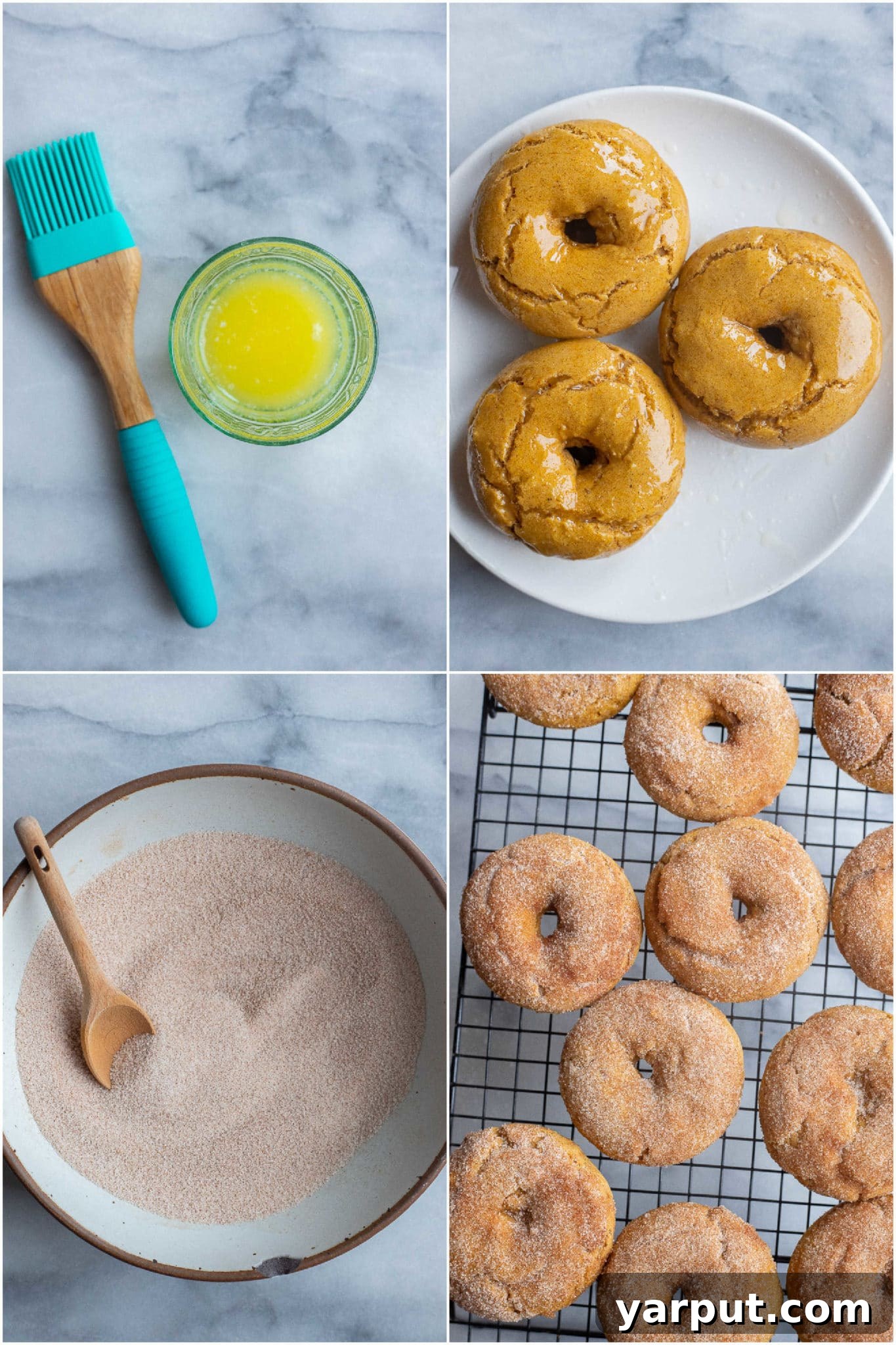 Hands dipping a freshly baked gluten-free pumpkin donut into a bowl of cinnamon sugar, after being brushed with melted butter.