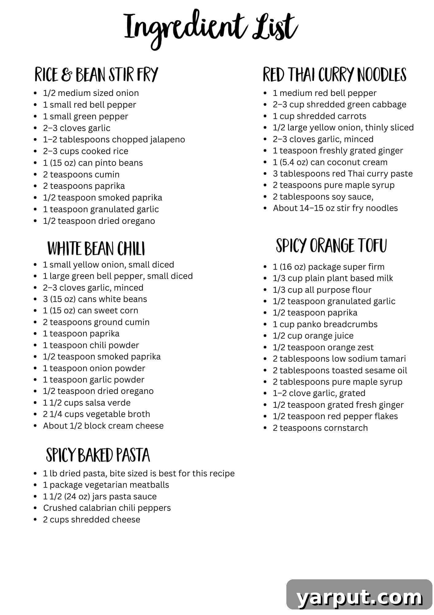 A neatly organized printable ingredient list for the week's vegetarian meal plan, with checkboxes for easy tracking while shopping.