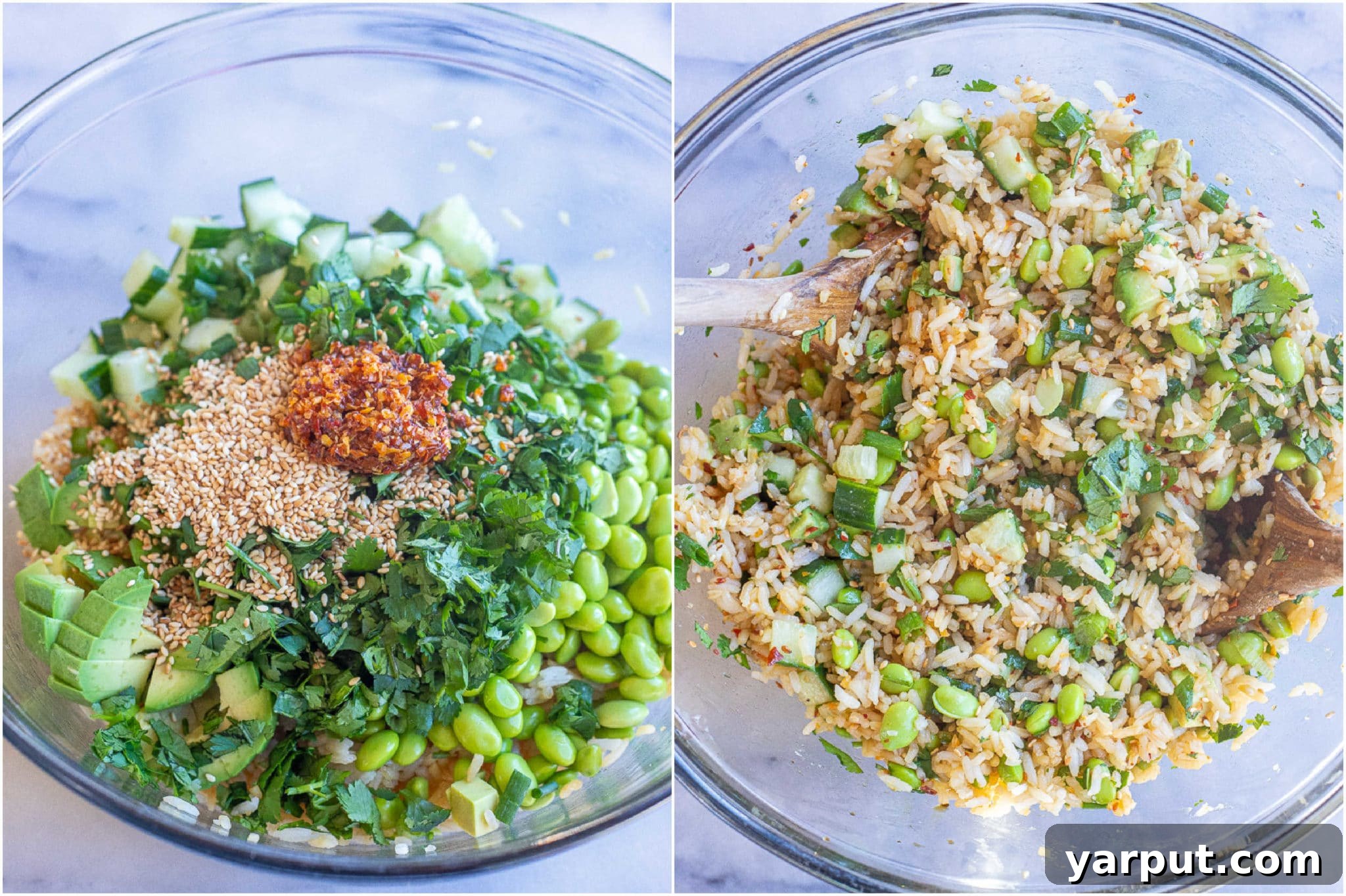 Refreshing Cucumber Edamame Rice Salad 4 all the green veggies added to the bowl with the rice for this easy rice salad