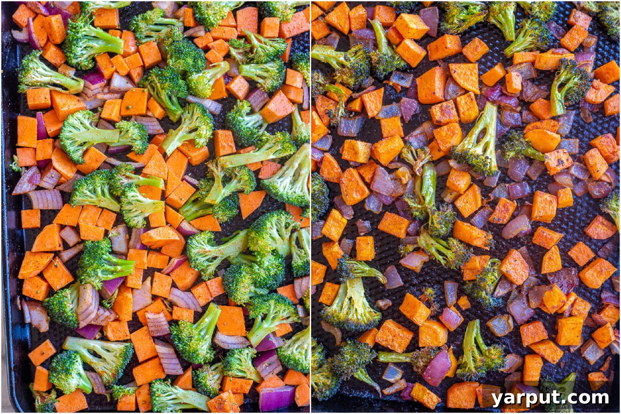 Curry Tahini Drizzled Roasted Sweet Potato and Broccoli 3 Visual comparison showing raw diced sweet potato, broccoli florets, and red onion alongside the beautifully caramelized, roasted versions on a sheet pan.